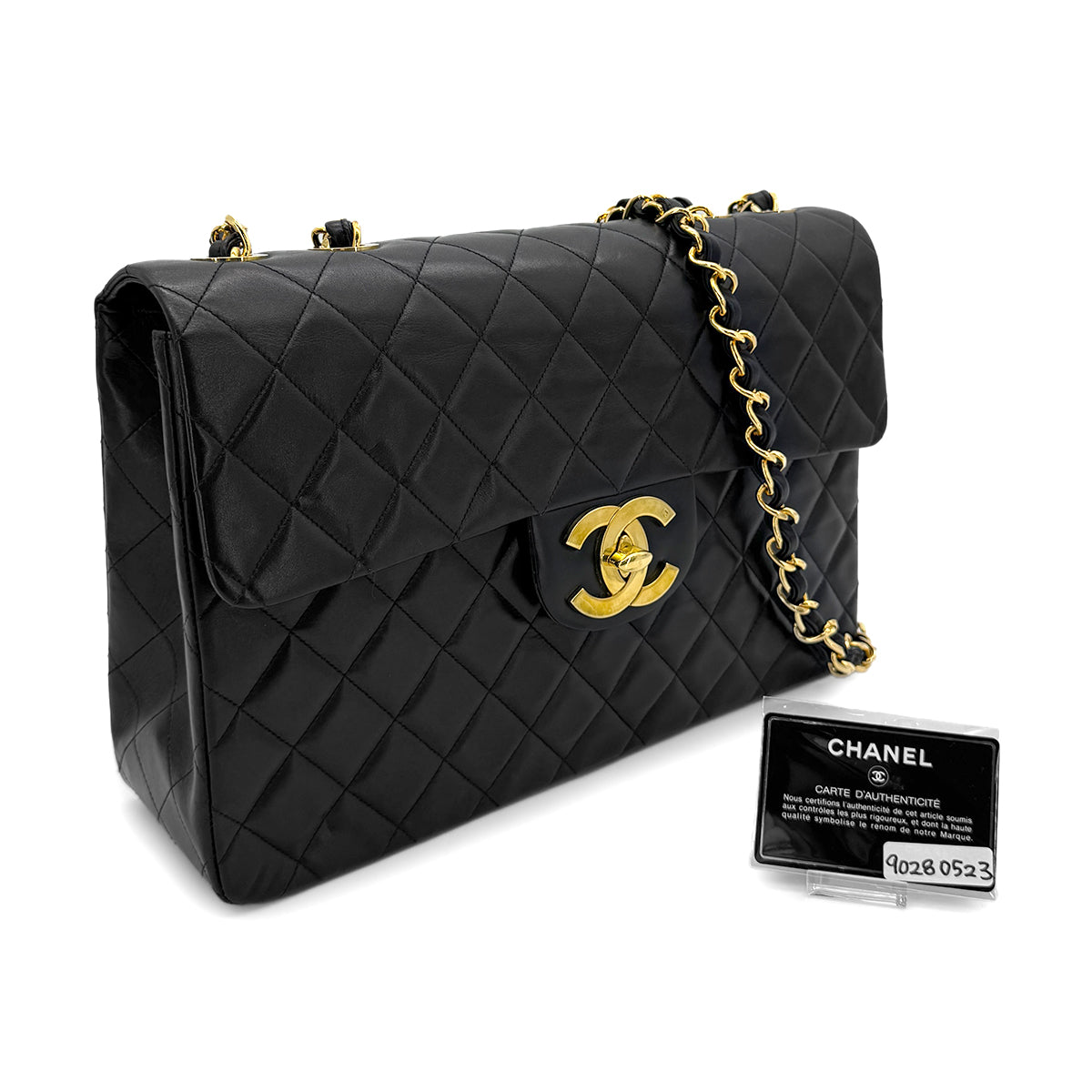 CHANEL VINTAGE MAXI MATELASSE 34 CHAIN SHOULDER BAG BLACK LAMB SKIN 90280523