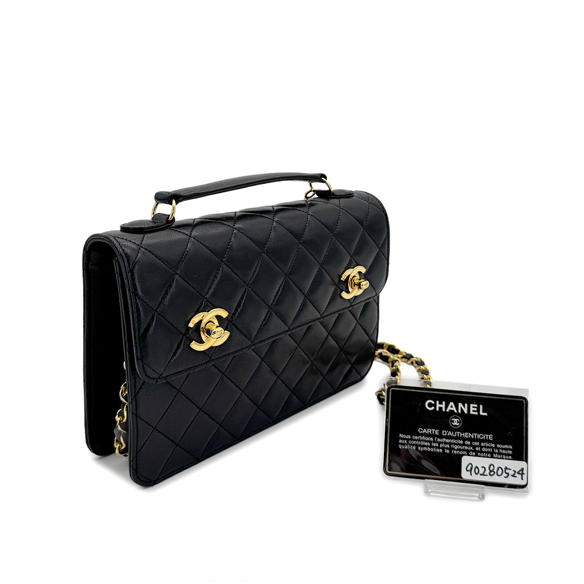 CHANEL VINTAGE DOUBLE TURN LOCK MATELASSE CHAIN SHOULDER HAND BAG BLACK LAMB SKIN 90280524