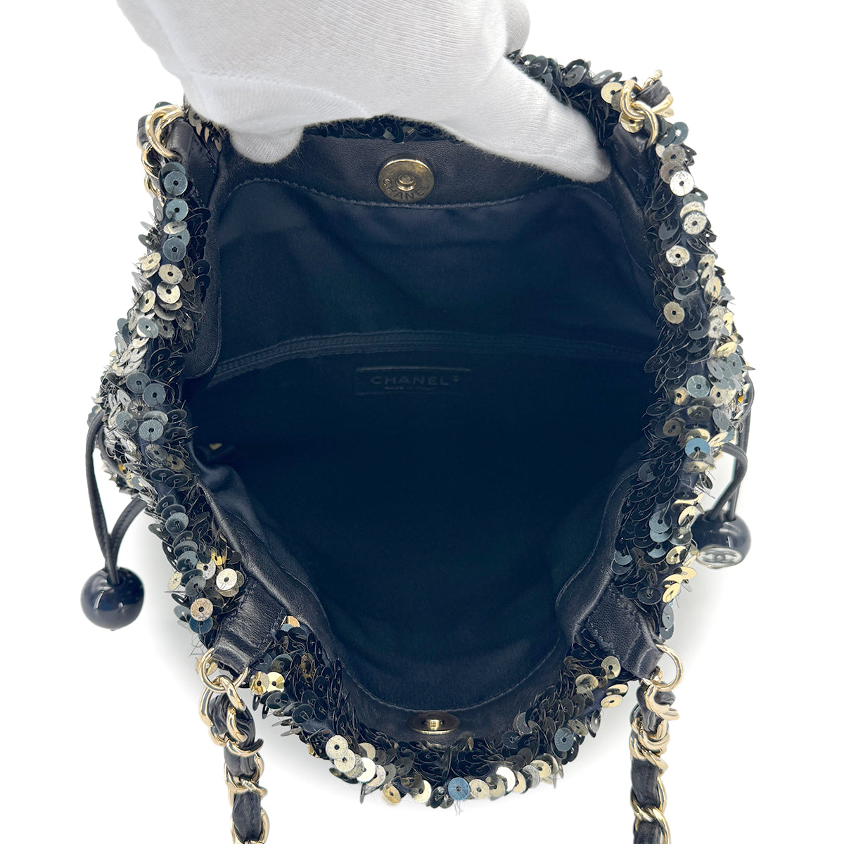 CHANEL VINTAGE COCOMARK CHAIN TOTE BAG BLACK GOLD SEQUINS 90280533