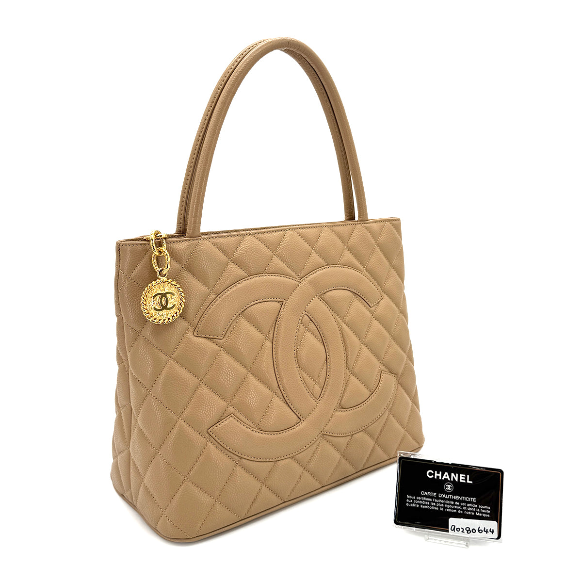 CHANEL VINTAGE MEDALLION TOTE BAG BEIGE CAVIAR SKIN 90280644