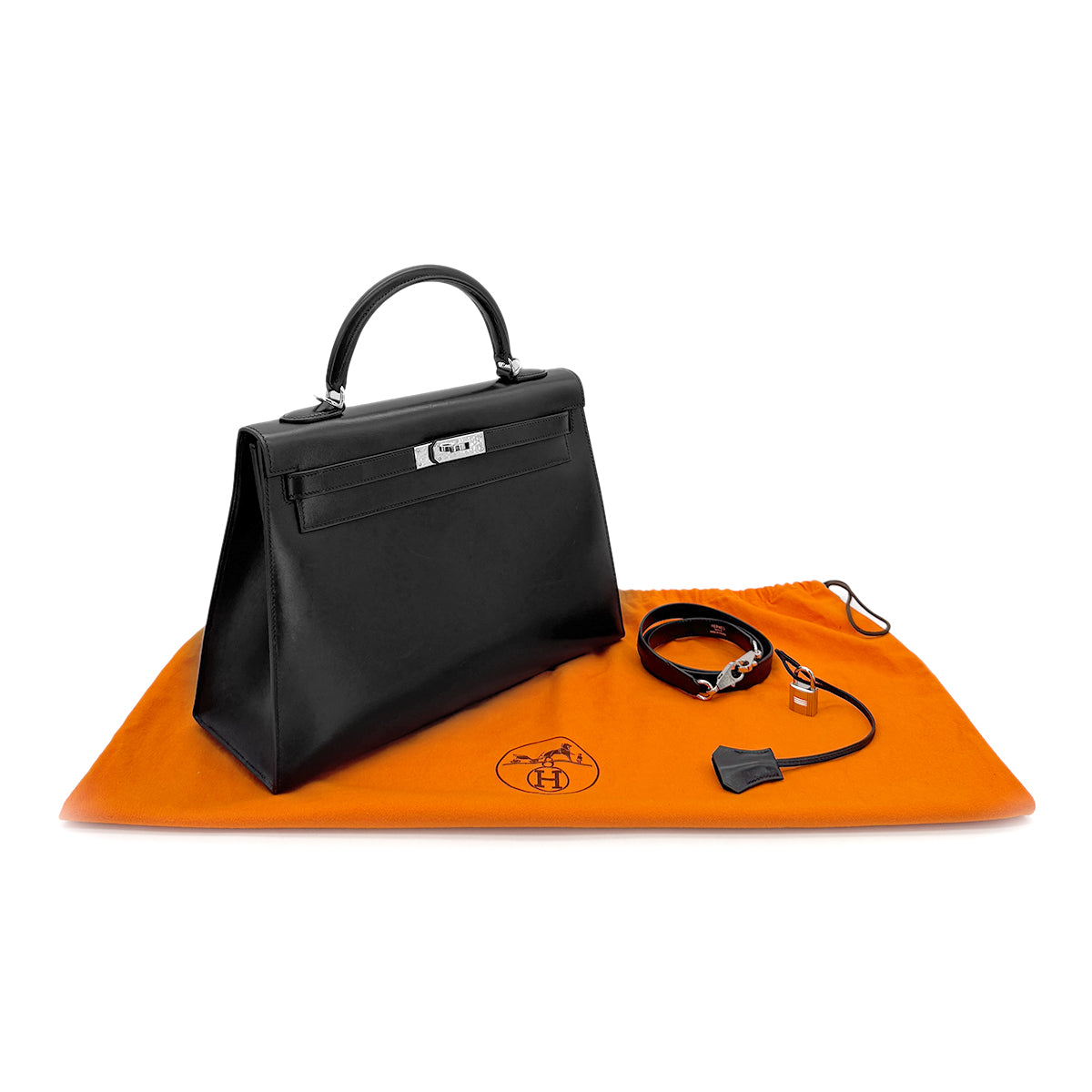 HERMES KELLY 32 SELLIER BLACK BOXCALF HAND SHOULDER BAG □J SHW 90280679
