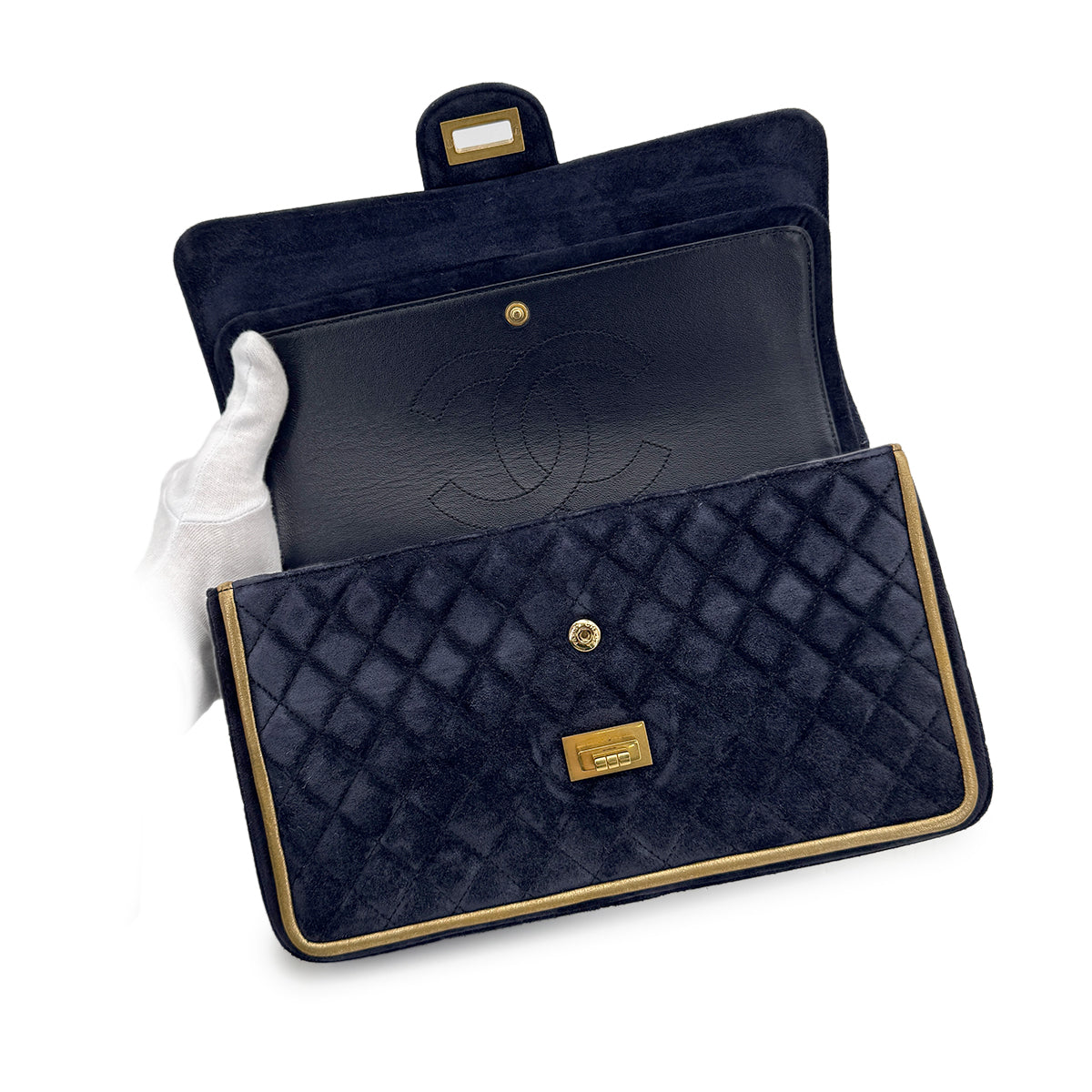 CHANEL 2.55 BIJOU CHAIN SHOULDER BAG NAVY GOLD SUEDE 90280713