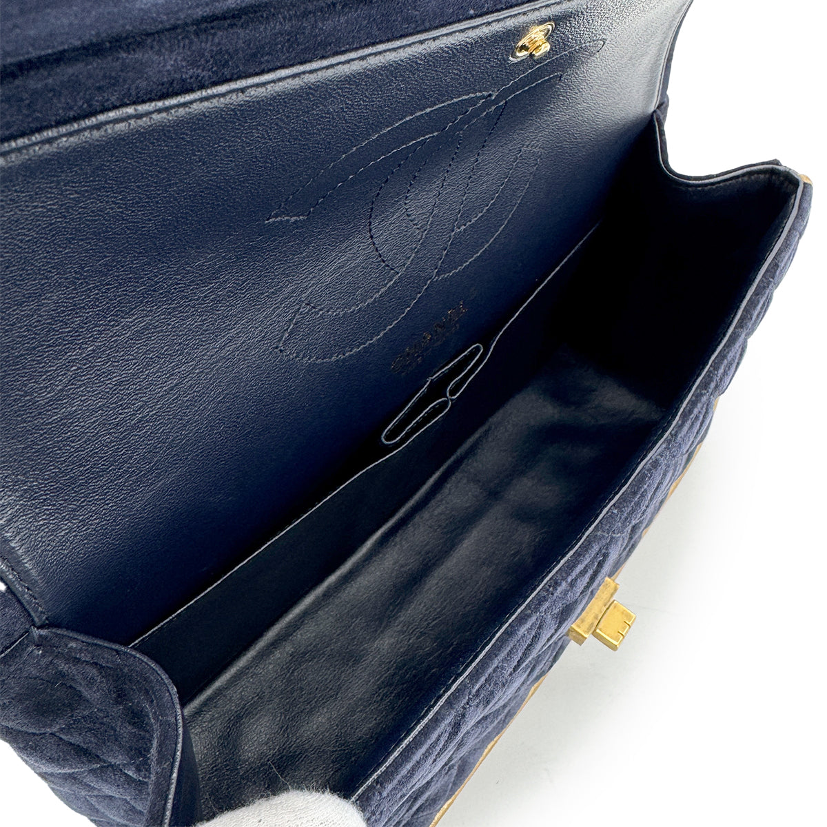 CHANEL 2.55 BIJOU CHAIN SHOULDER BAG NAVY GOLD SUEDE 90280713