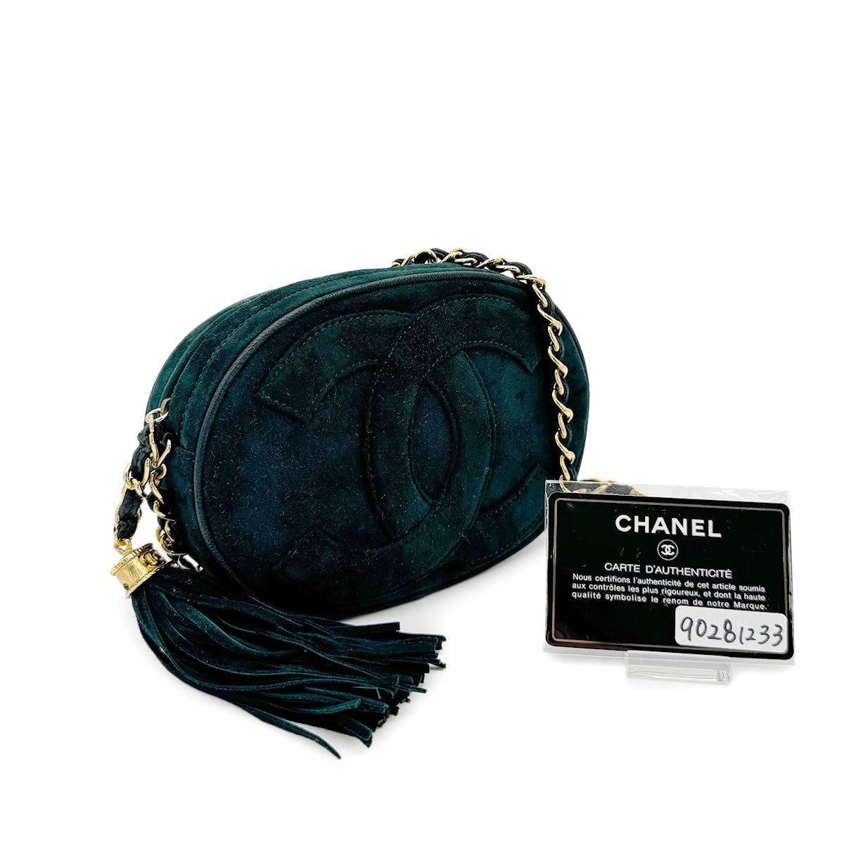 CHANEL VINTAGE COCOMARK FRINGE CHAIN SHOULDER BAG GREEN SUEDE 90281233