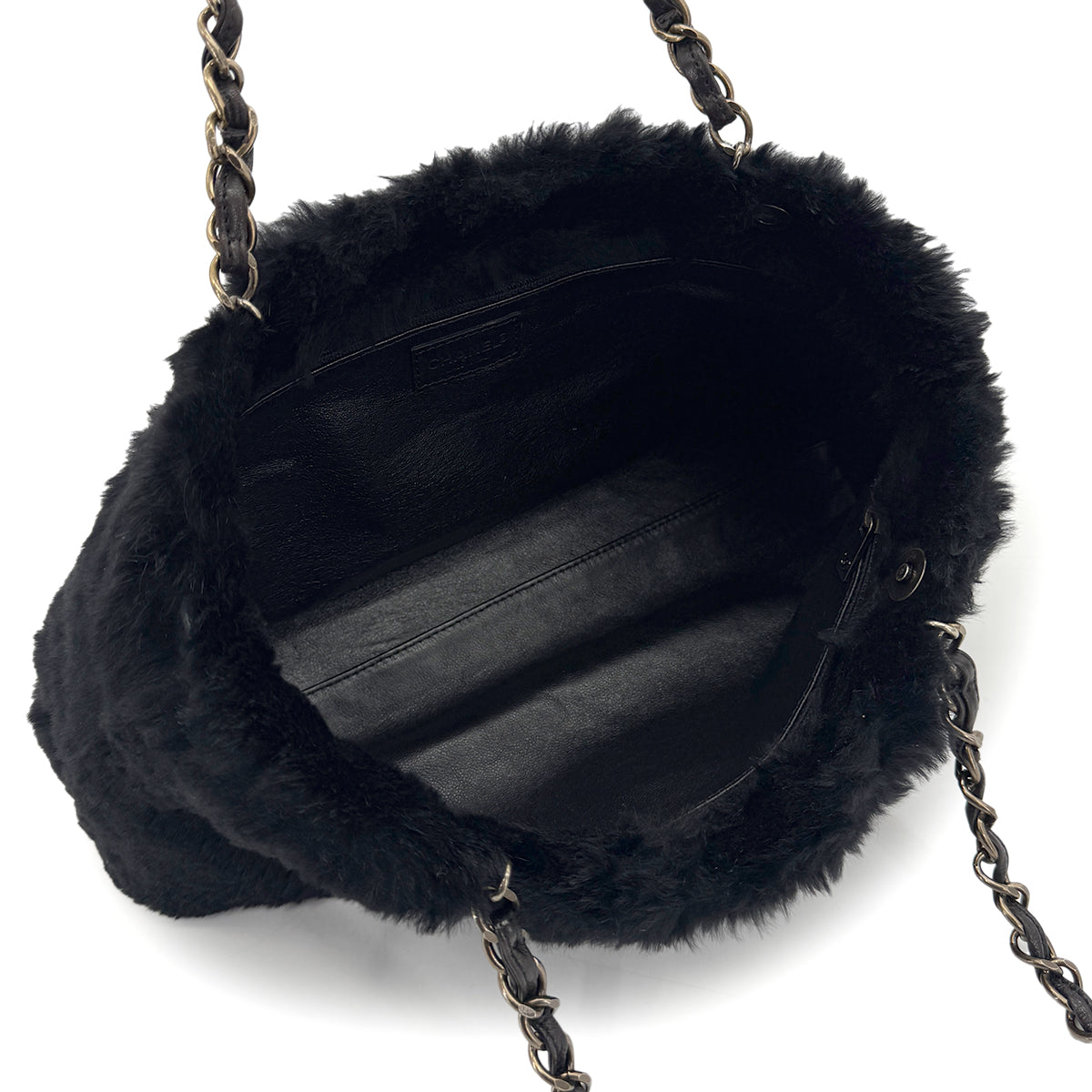 CHANEL VINTAGE CHAIN SHOULDER BAG BLACK FUR LEATHER 90281236