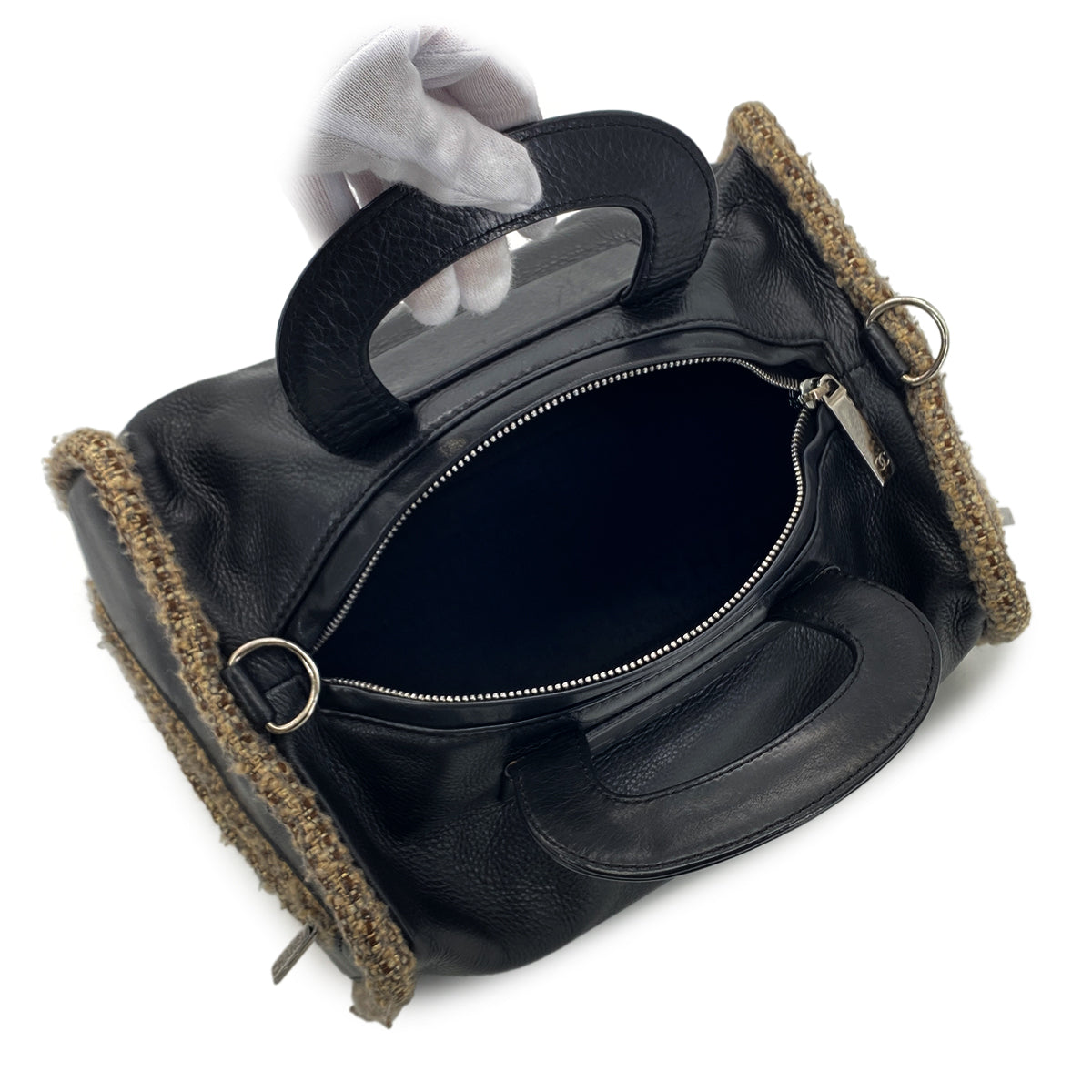 CHANEL VINTAGE LOGO 2WAY SHOULDER BAG BLACK TWEED LAMB SKIN 90281237