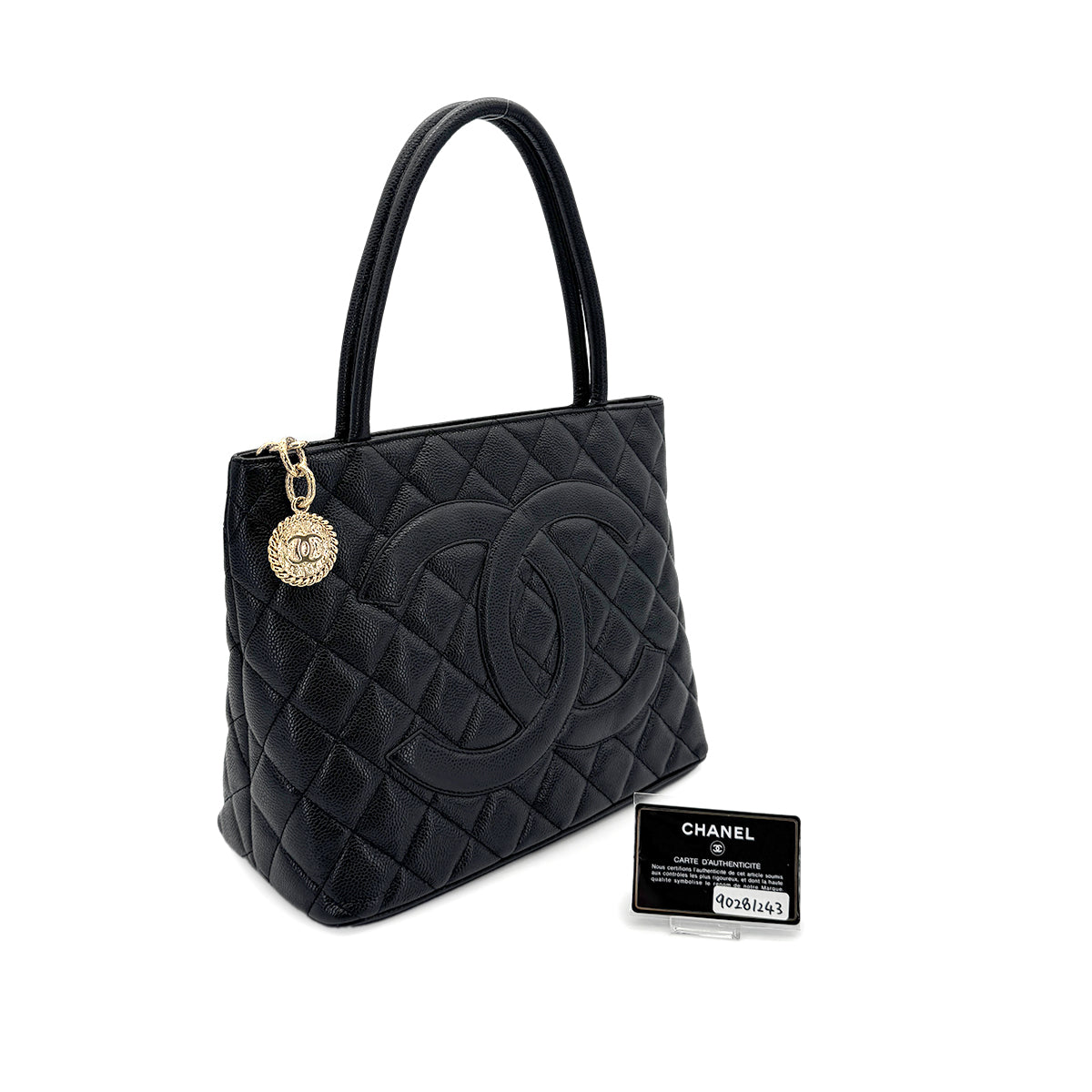 CHANEL VINTAGE MEDALLION TOTE BAG BLACK CAVIAR SKIN 90281243