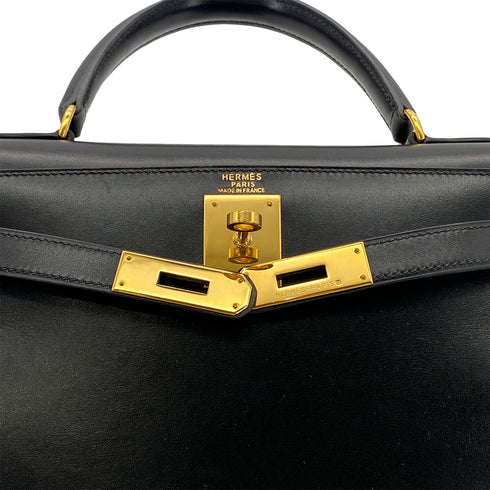 HERMES KELLY 28 SELLIER BLACK BOXCALF HAND SHOULDER BAG □C GHW 90281407 - PURPOSE