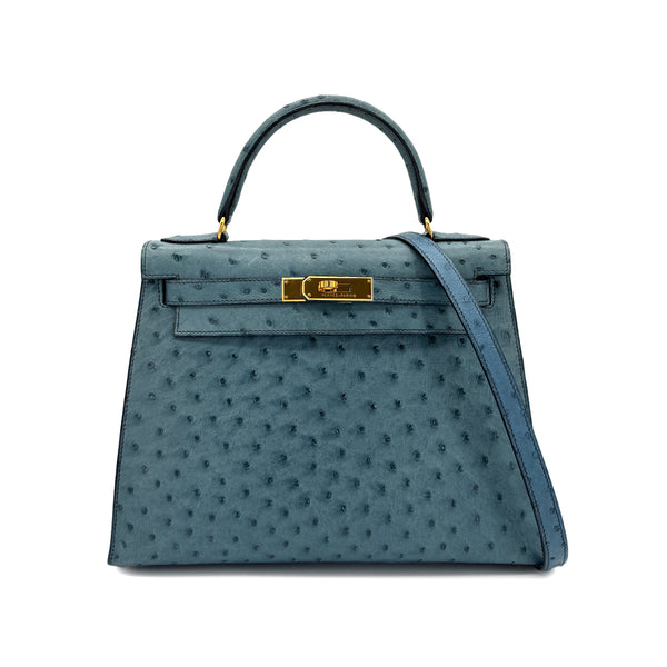 HERMES KELLY 28 SELLIER BLUE JEAN OSTRICH HAND SHOULDER BAG 〇Z GHW 90281428 - PURPOSE