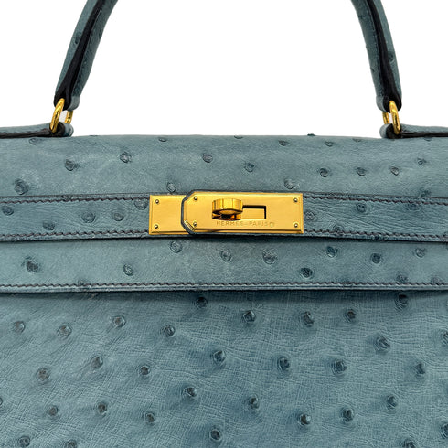 HERMES KELLY 28 SELLIER BLUE JEAN OSTRICH HAND SHOULDER BAG 〇Z GHW 90281428 - PURPOSE