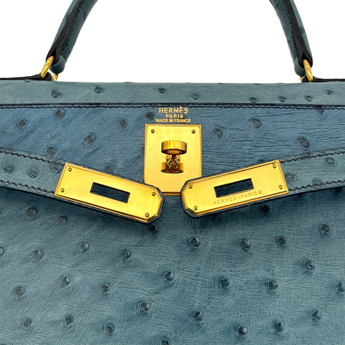 HERMES KELLY 28 SELLIER BLUE JEAN OSTRICH HAND SHOULDER BAG 〇Z GHW 90281428 - PURPOSE