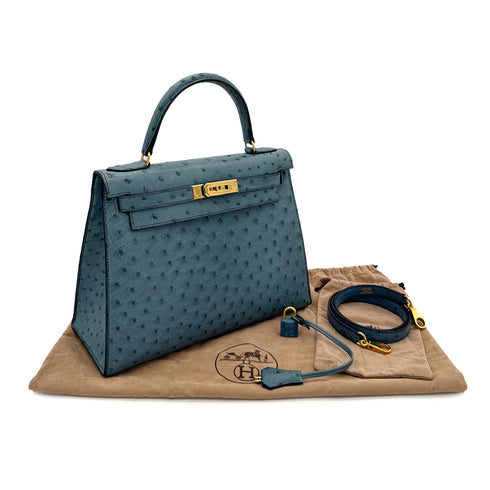 HERMES KELLY 28 SELLIER BLUE JEAN OSTRICH HAND SHOULDER BAG 〇Z GHW 90281428 - PURPOSE