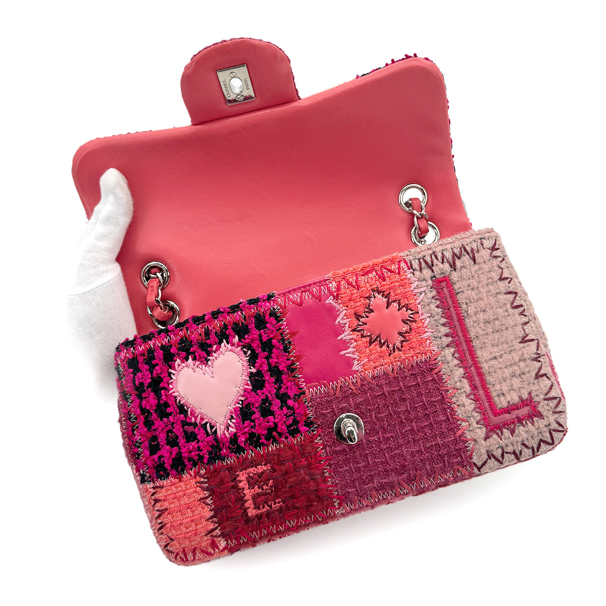 CHANEL CHAIN SHOULDER BAG PATCHWORK PINK CANVAS LEATHER 90281433
