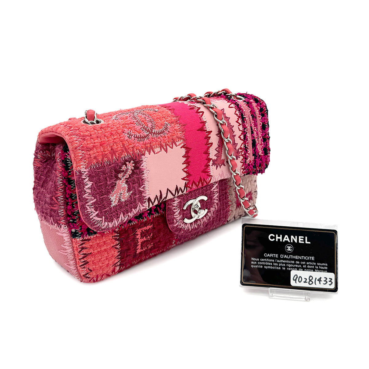 CHANEL CHAIN SHOULDER BAG PATCHWORK PINK CANVAS LEATHER 90281433