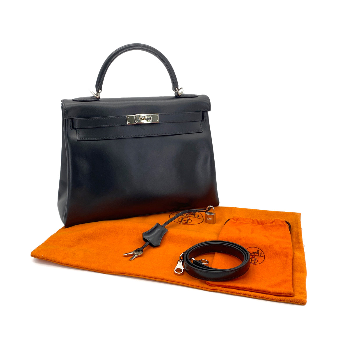 HERMES KELLY 32 RETOURNE BLACK BOX CALF HAND SHOULDER BAG □H SHW 90281434
