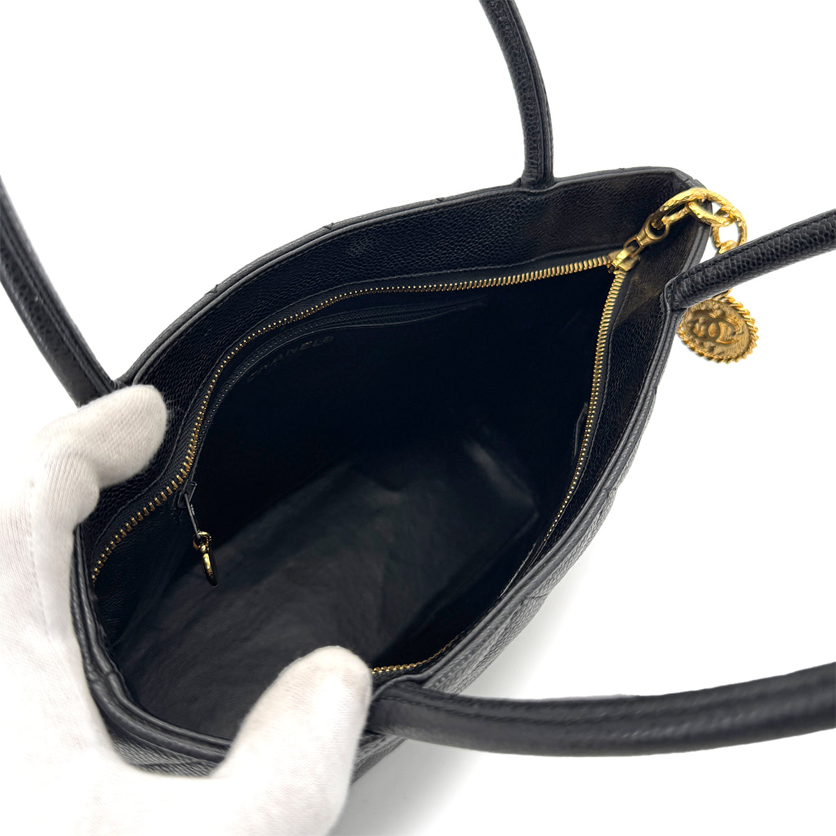 CHANEL VINTAGE MEDALLION TOTE BAG BLACK CAVIAR SKIN 90281436