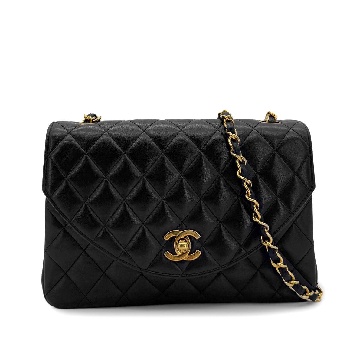CHANEL VINTAGE MATELASSE HALF MOON CHAIN SHOULDER BAG BLACK LAMB SKIN 90281441