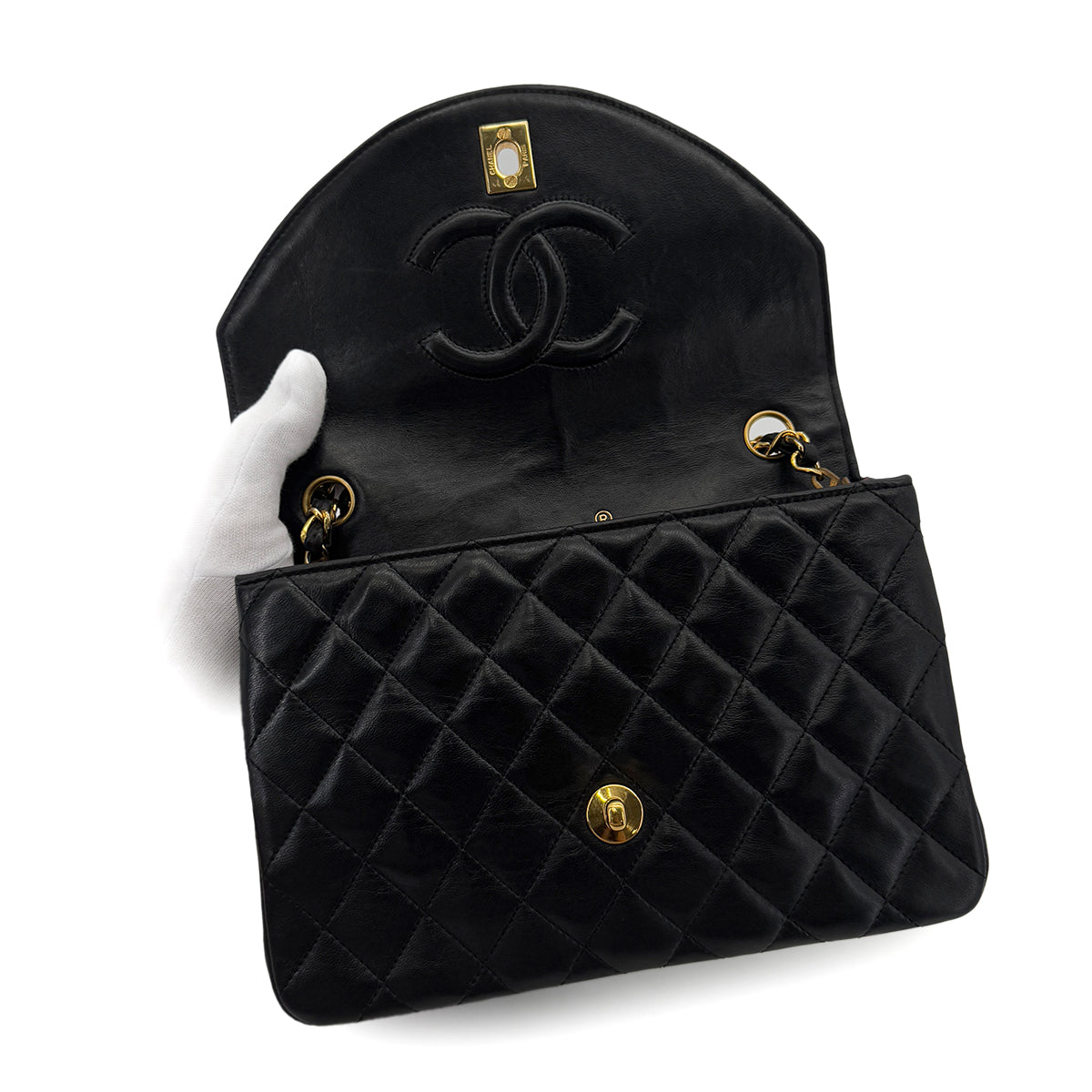 CHANEL VINTAGE MATELASSE HALF MOON CHAIN SHOULDER BAG BLACK LAMB SKIN 90281441