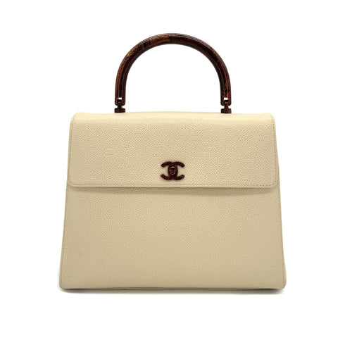 CHANEL VINTAGE WOOD HANDLE HAND BAG BEIGE CAVIAR SKIN 90282064 - PURPOSE