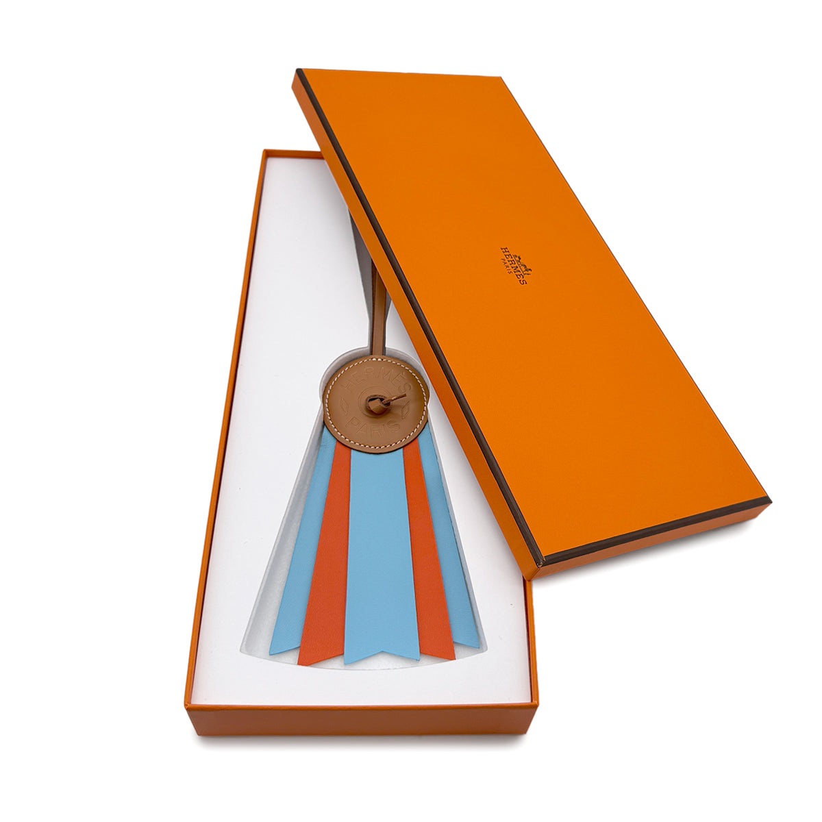 HERMES BAG CHARM PADDOCK FLOT NATUREL CELESTE ORANGE VACHE HUNTE AGNEAU MILO 90282074