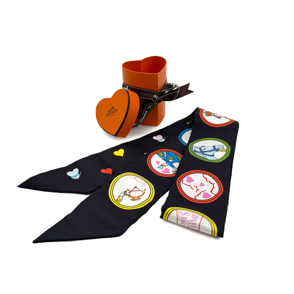 HERMES TWILLY TEA TIME VALENTINE HEART SCARF BLACK SILK 90282084
