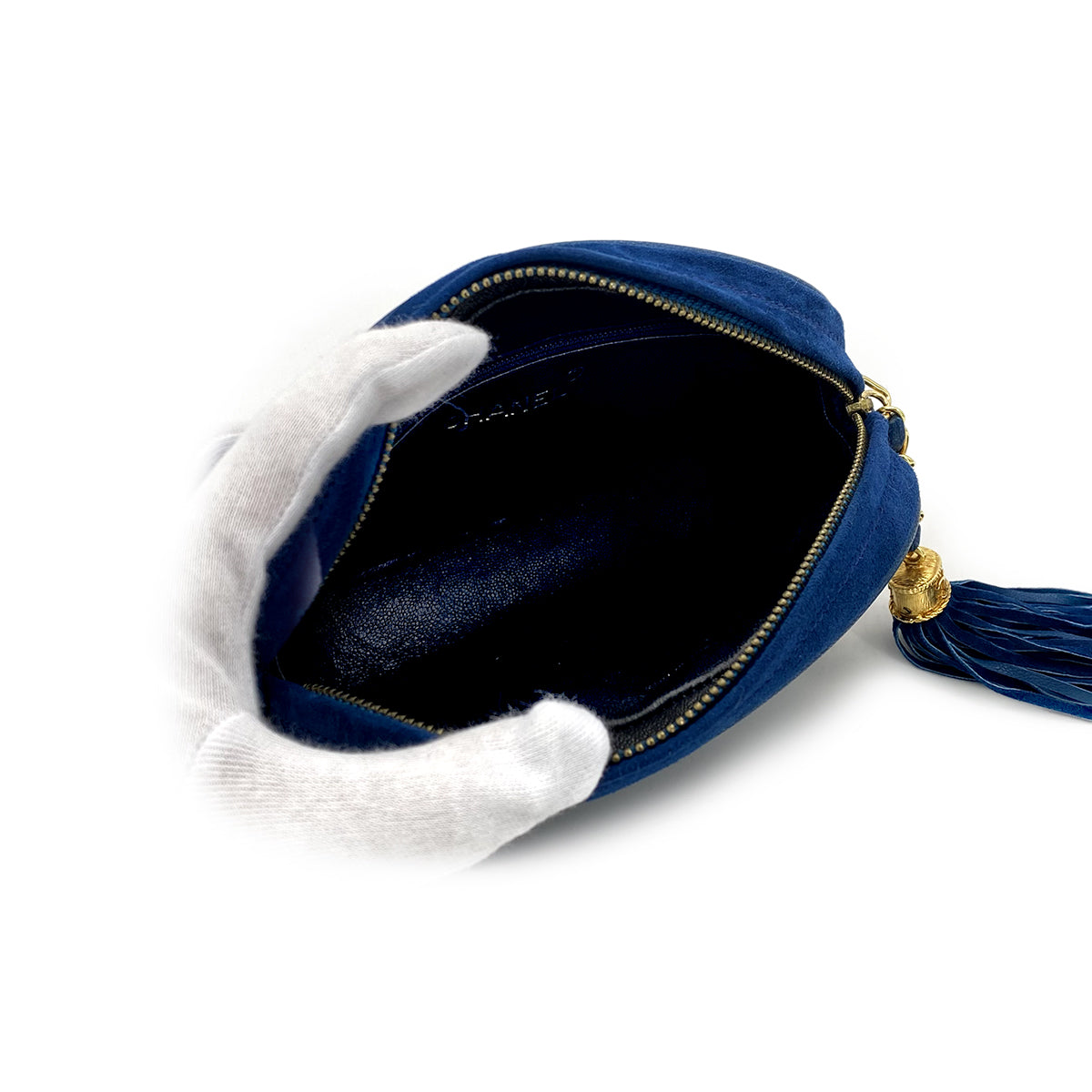 CHANEL VINTAGE FRINGE BIG COCO ROUND CHAIN SHOULDER BAG BLUE SUEDE 90282749