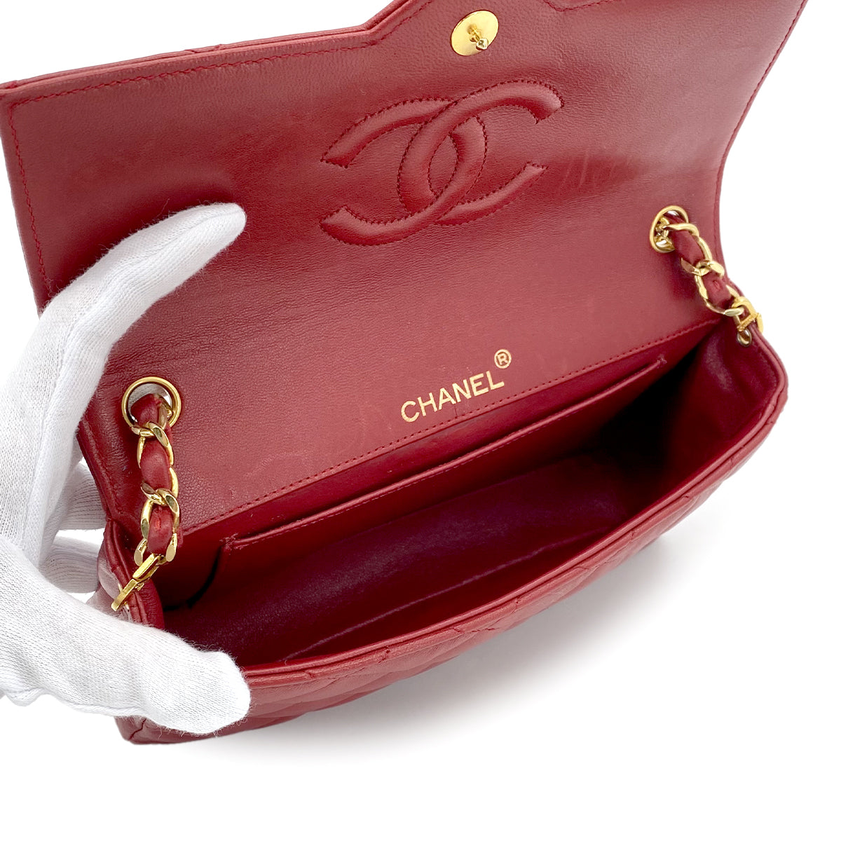 CHANEL VINTAGE MATELASSE BIG COCO CHAIN SHOULDER BAG RED LAMB SKIN 90282763