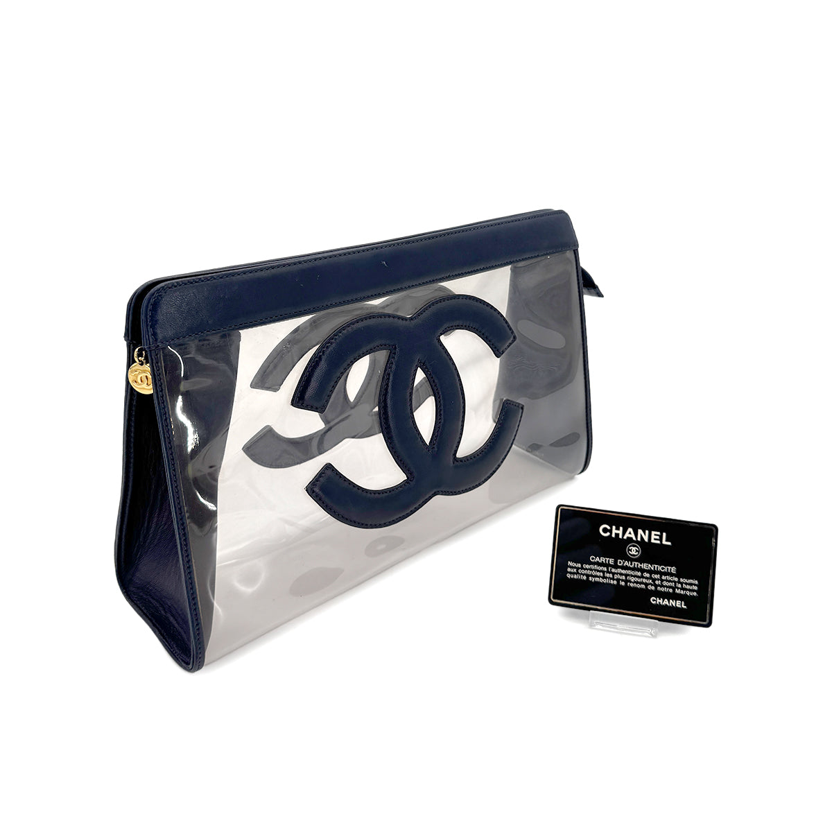 CHANEL VINTAGE BIG COCO CLEAR CLUTCH BAG NAVY VINYL LEATHER 90283092