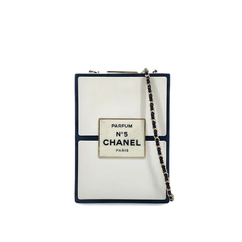CHANEL N°5 PERFUME BOX CLUTCH CHAIN SHOULDER BAG BLACK WHITE LEATHER 90283120 - PURPOSE