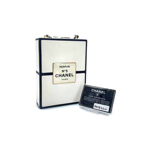 CHANEL N°5 PERFUME BOX CLUTCH CHAIN SHOULDER BAG BLACK WHITE LEATHER 90283120 - PURPOSE