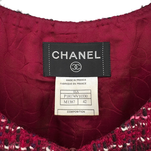 CHANEL TWEED COCO BUTTON SLEEVELESS ZIP DRESS RED WOOL 42 01A RTW 90283150 - PURPOSE