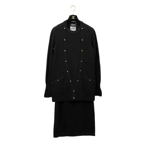 CHANEL VINTAGE KNIT TOPS SKIRT SET CLOVER BUTTON BLACK WOOL 38 RTW 90283151 - PURPOSE