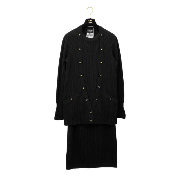 CHANEL VINTAGE KNIT TOPS SKIRT SET CLOVER BUTTON BLACK WOOL 38 RTW 90283151