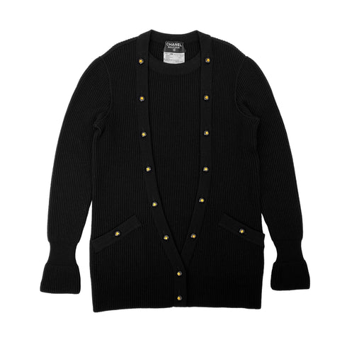 CHANEL VINTAGE KNIT TOPS SKIRT SET CLOVER BUTTON BLACK WOOL 38 RTW 90283151 - PURPOSE