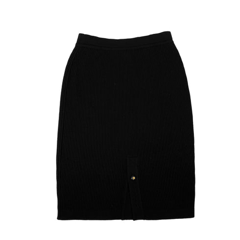 CHANEL VINTAGE KNIT TOPS SKIRT SET CLOVER BUTTON BLACK WOOL 38 RTW 90283151 - PURPOSE