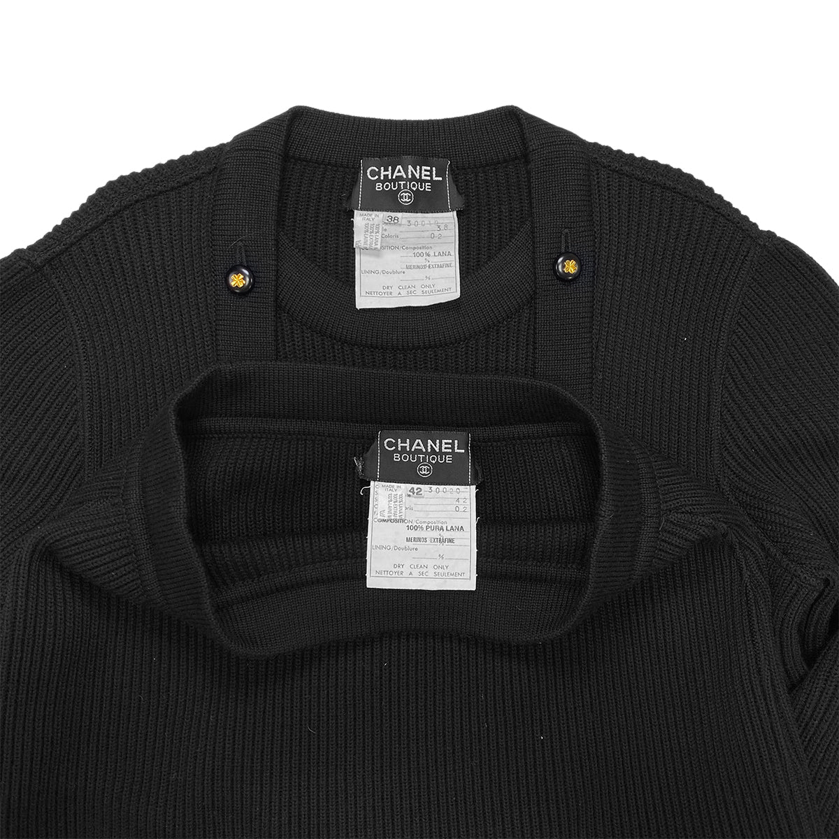 CHANEL VINTAGE KNIT TOPS SKIRT SET CLOVER BUTTON BLACK WOOL 38 RTW 90283151
