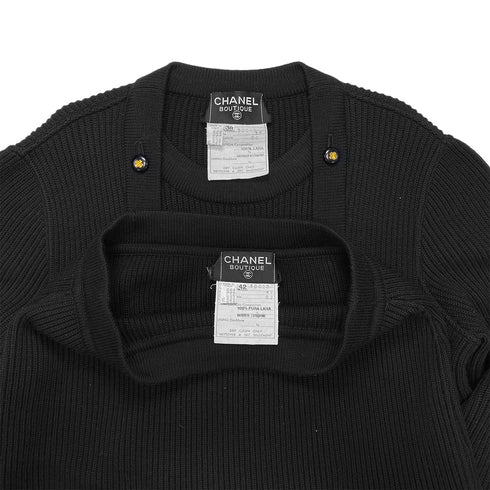 CHANEL VINTAGE KNIT TOPS SKIRT SET CLOVER BUTTON BLACK WOOL 38 RTW 90283151 - PURPOSE