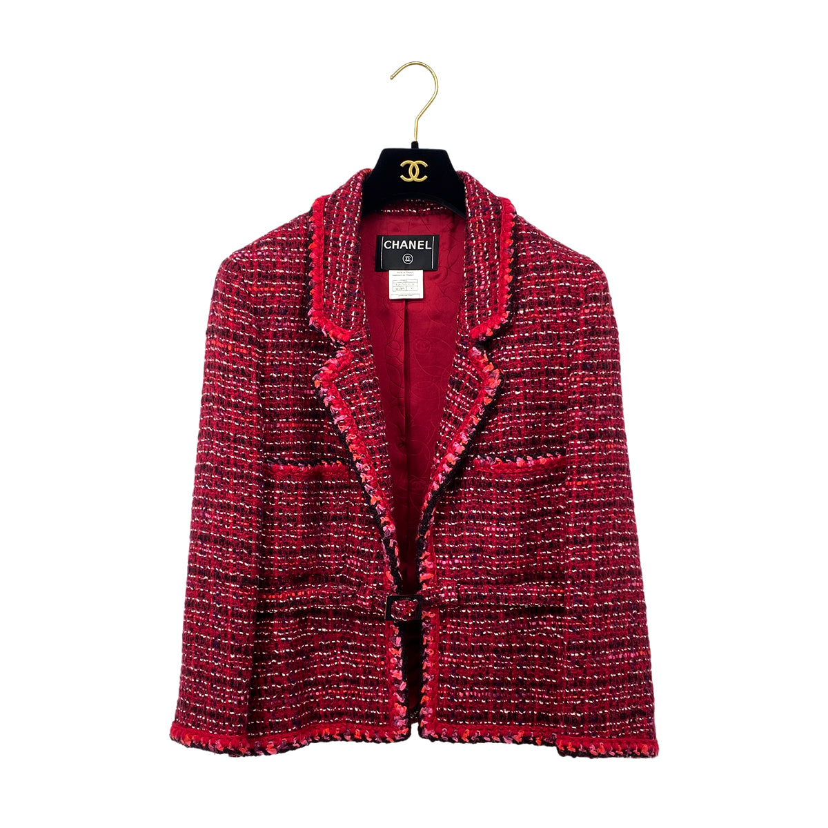 CHANEL TWEED BELT JACKET RED WOOL 42 01A RTW 90283155