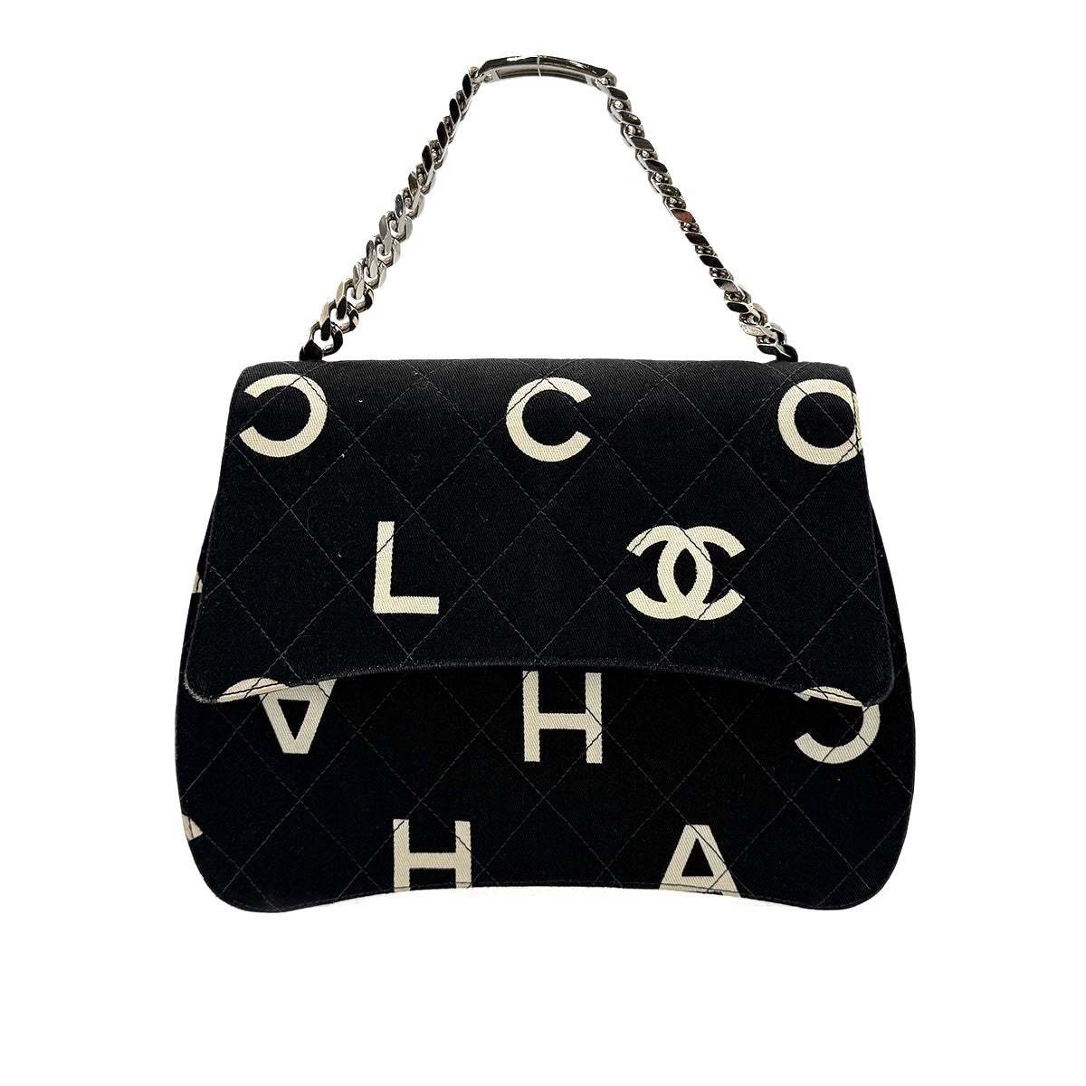 CHANEL VINTAGE LOGO PRINT CHAIN HAND BAG BLACK CANVAS 90283457