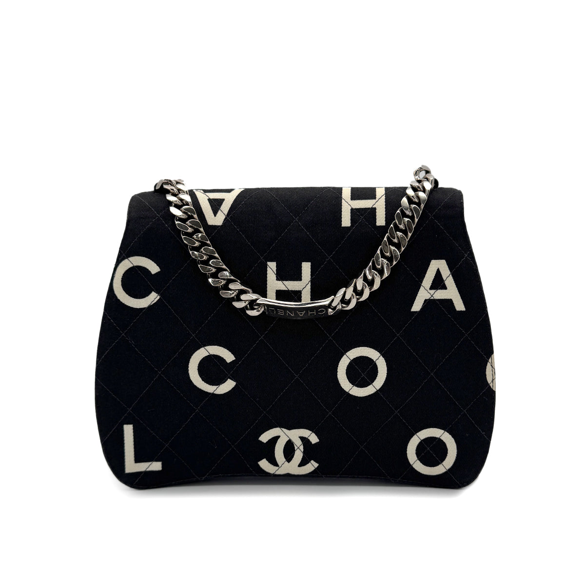 CHANEL VINTAGE LOGO PRINT CHAIN HAND BAG BLACK CANVAS 90283457
