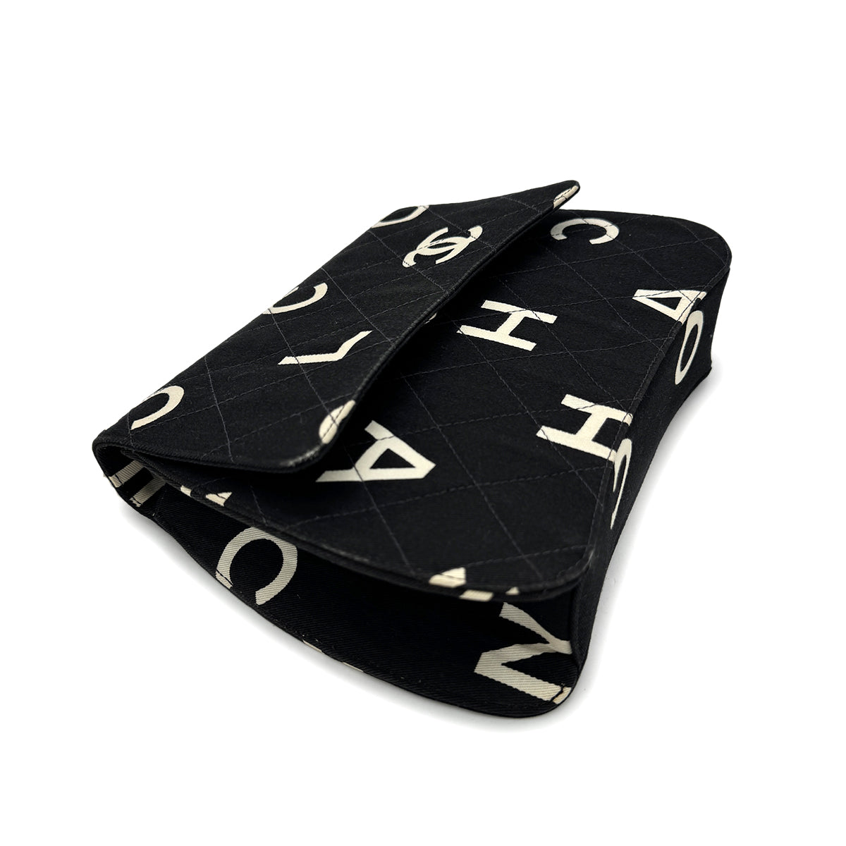 CHANEL VINTAGE LOGO PRINT CHAIN HAND BAG BLACK CANVAS 90283457