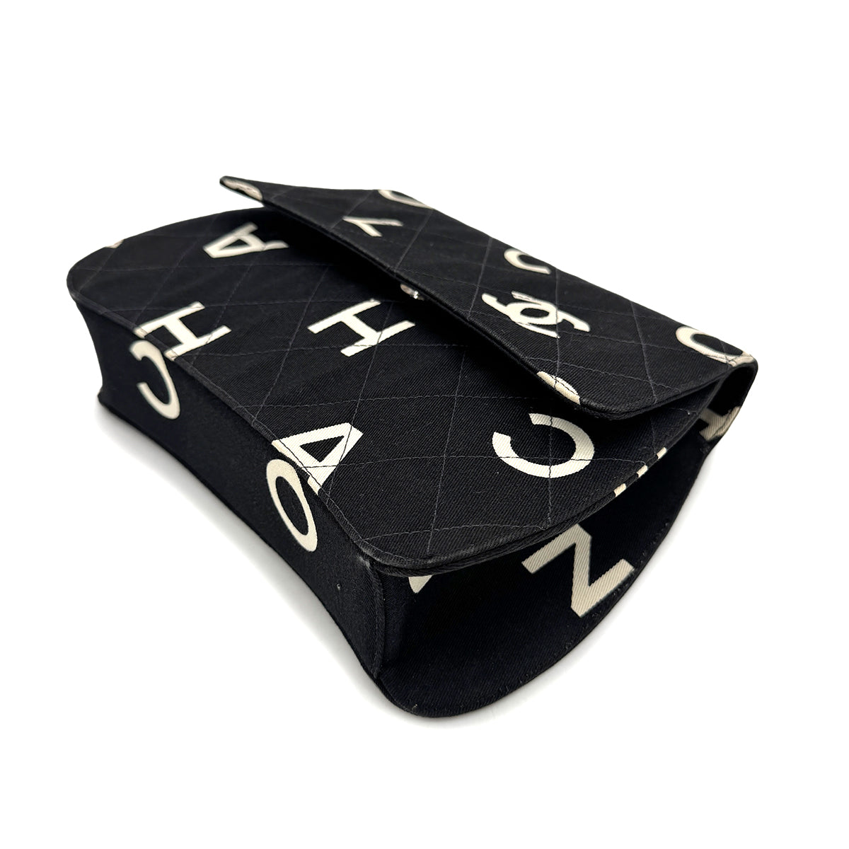 CHANEL VINTAGE LOGO PRINT CHAIN HAND BAG BLACK CANVAS 90283457