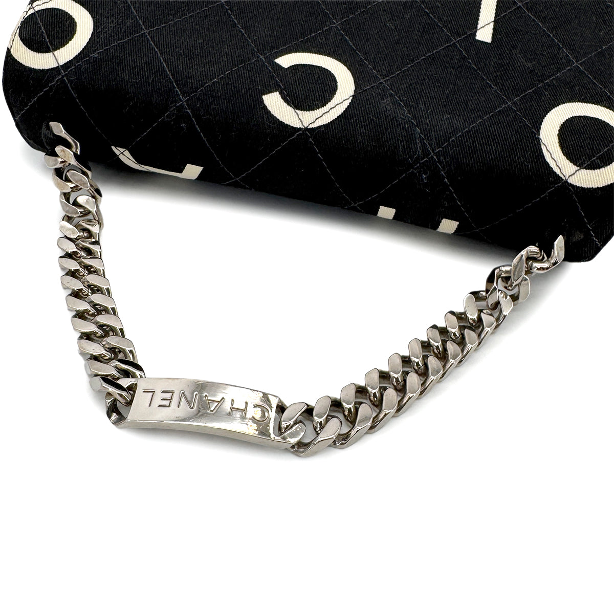 CHANEL VINTAGE LOGO PRINT CHAIN HAND BAG BLACK CANVAS 90283457