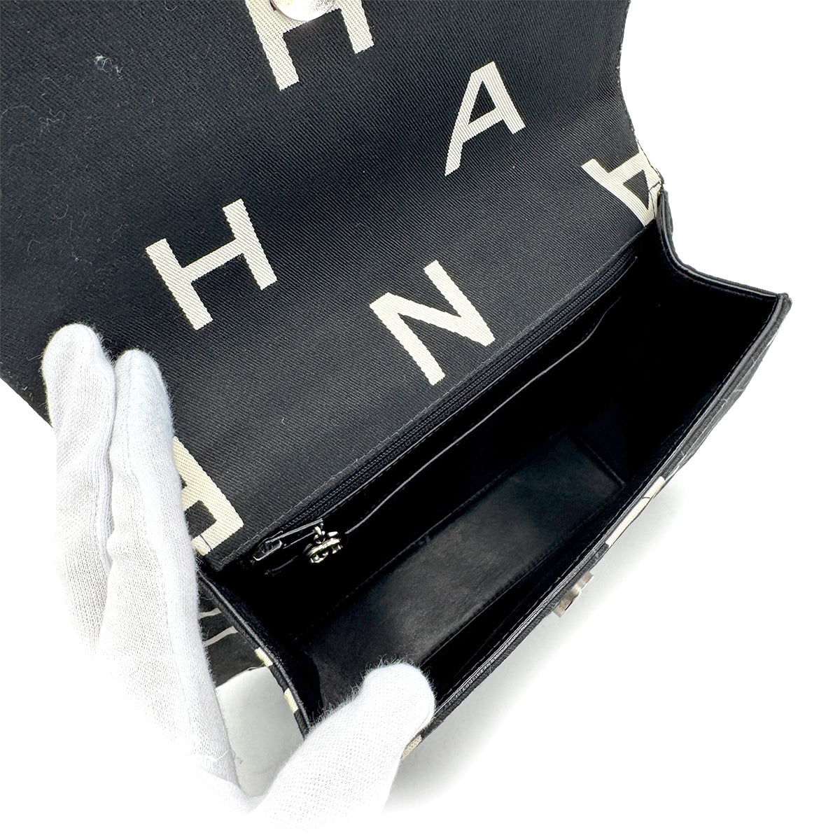 CHANEL VINTAGE LOGO PRINT CHAIN HAND BAG BLACK CANVAS 90283457