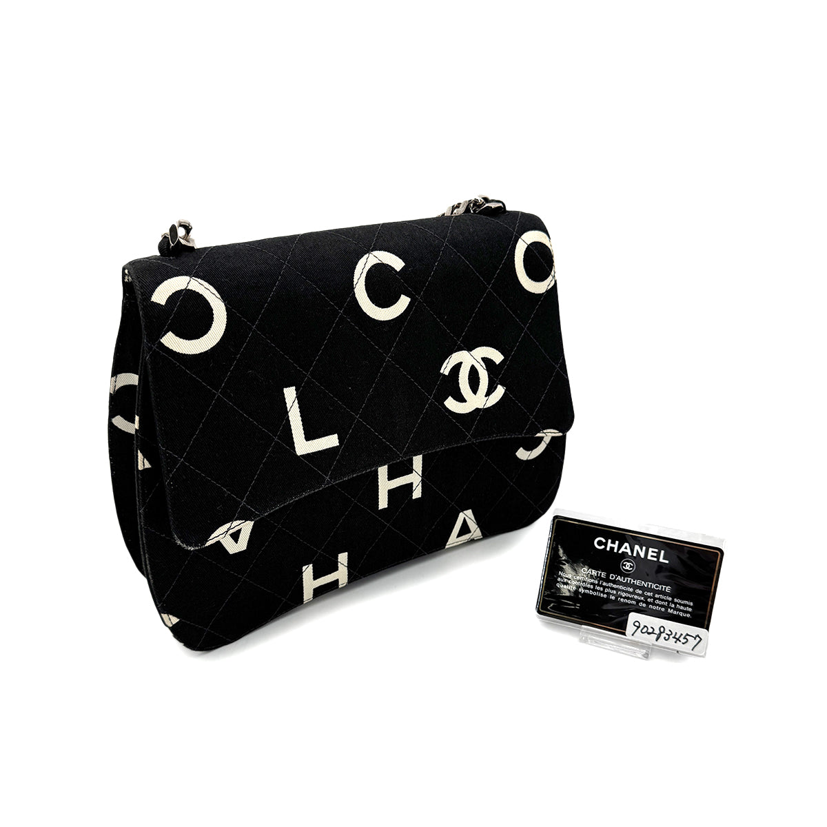 CHANEL VINTAGE LOGO PRINT CHAIN HAND BAG BLACK CANVAS 90283457
