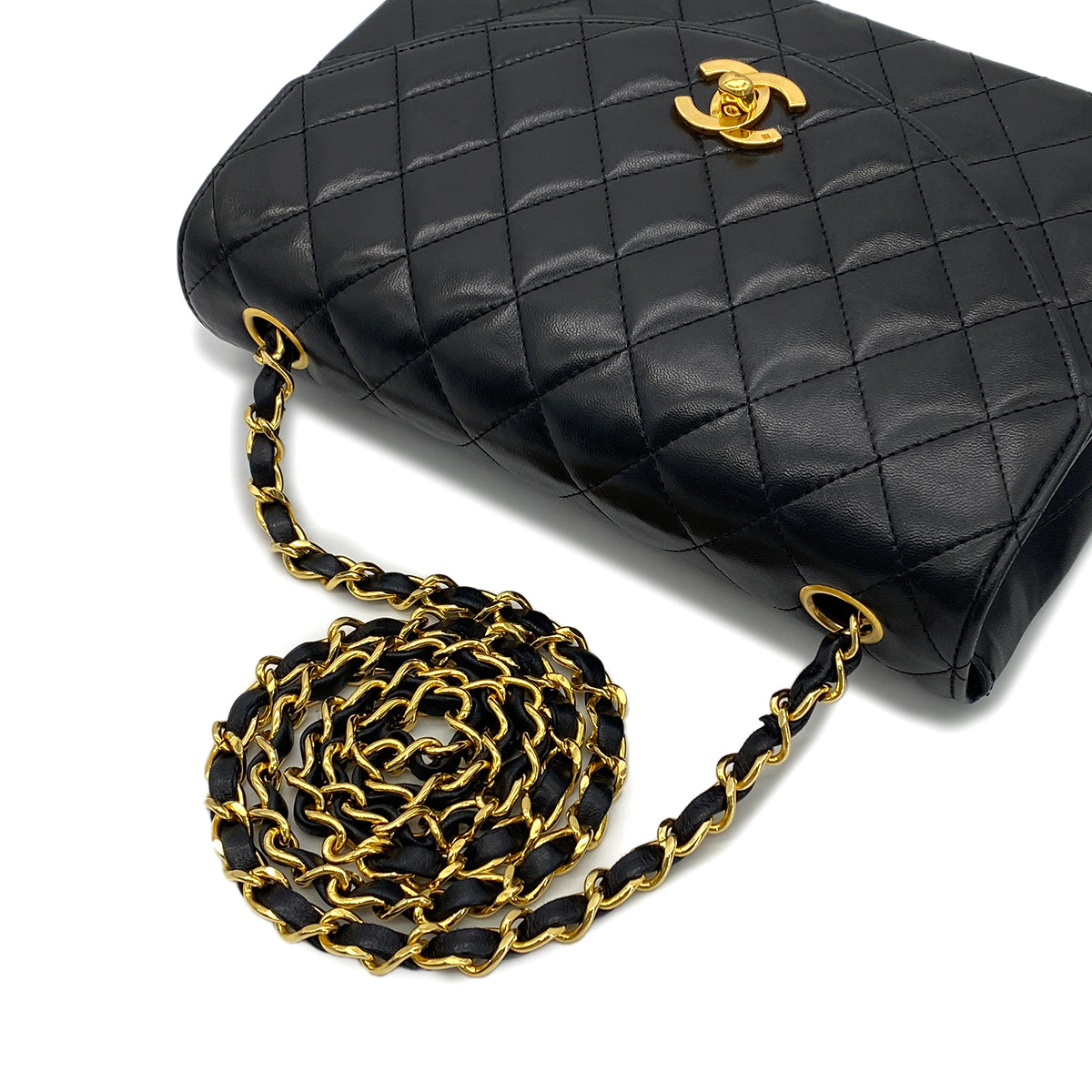 CHANEL VINTAGE MATELASSE HALF MOON CHAIN SHOULDER BAG BLACK LAMB SKIN 90283593
