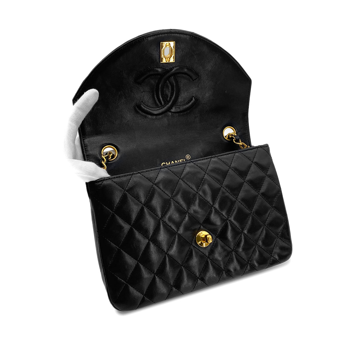 CHANEL VINTAGE MATELASSE HALF MOON CHAIN SHOULDER BAG BLACK LAMB SKIN 90283593