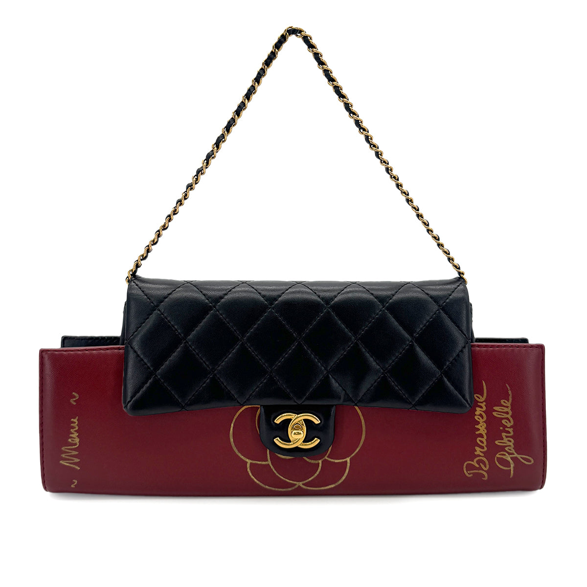 CHANEL BRASSERIE GABRIELLE MENU CLUTCH BAG BLACK BURGUNDY LAMB SKIN CALF LEATHER 90283606