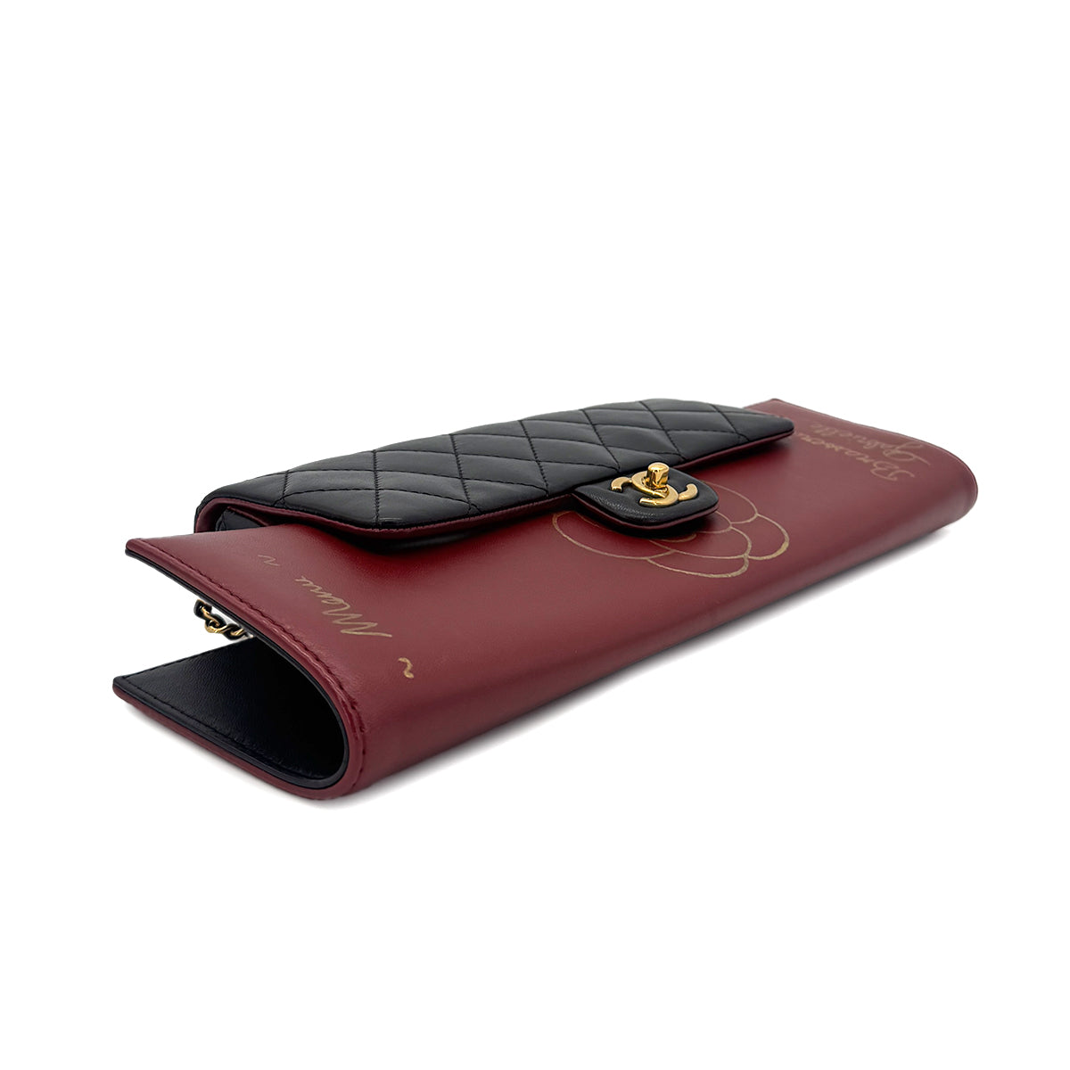 CHANEL BRASSERIE GABRIELLE MENU CLUTCH BAG BLACK BURGUNDY LAMB SKIN CALF LEATHER 90283606
