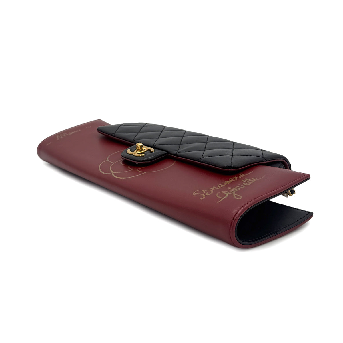 CHANEL BRASSERIE GABRIELLE MENU CLUTCH BAG BLACK BURGUNDY LAMB SKIN CALF LEATHER 90283606
